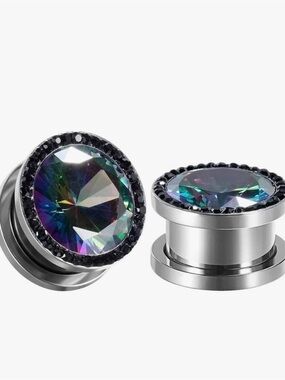 NIB Crystal Ear Plugs Gauges 1/2” /12mm Steel w/ Iridescent Black Gems Screwlets